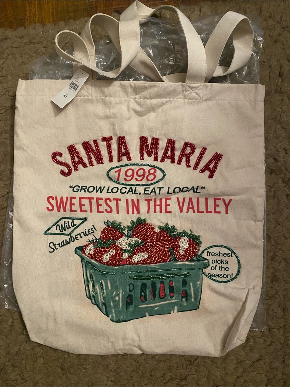 Maeve Cream Canvas Tote with Red & Green Strawberry Print